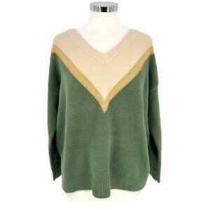 Aaron & Amber Chevron V-Neck Sweater Beige Gold Green Size Medium